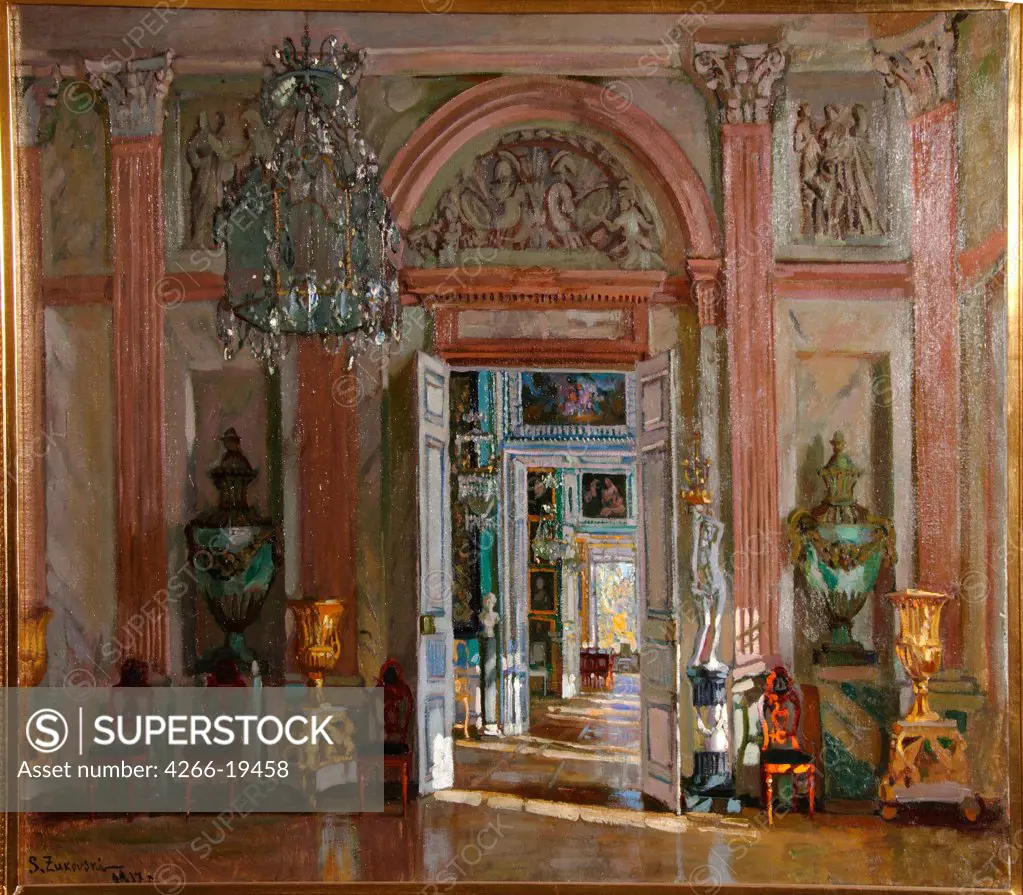 The Great Vestibule in the Kuskovo Palace by Zhukovsky, Stanislav Yulianovich (1873-1944)/ Private Collection/ 1917/ Poland/ Oil on canvas/ Realism/ 79x106,5/ Architecture, Interior