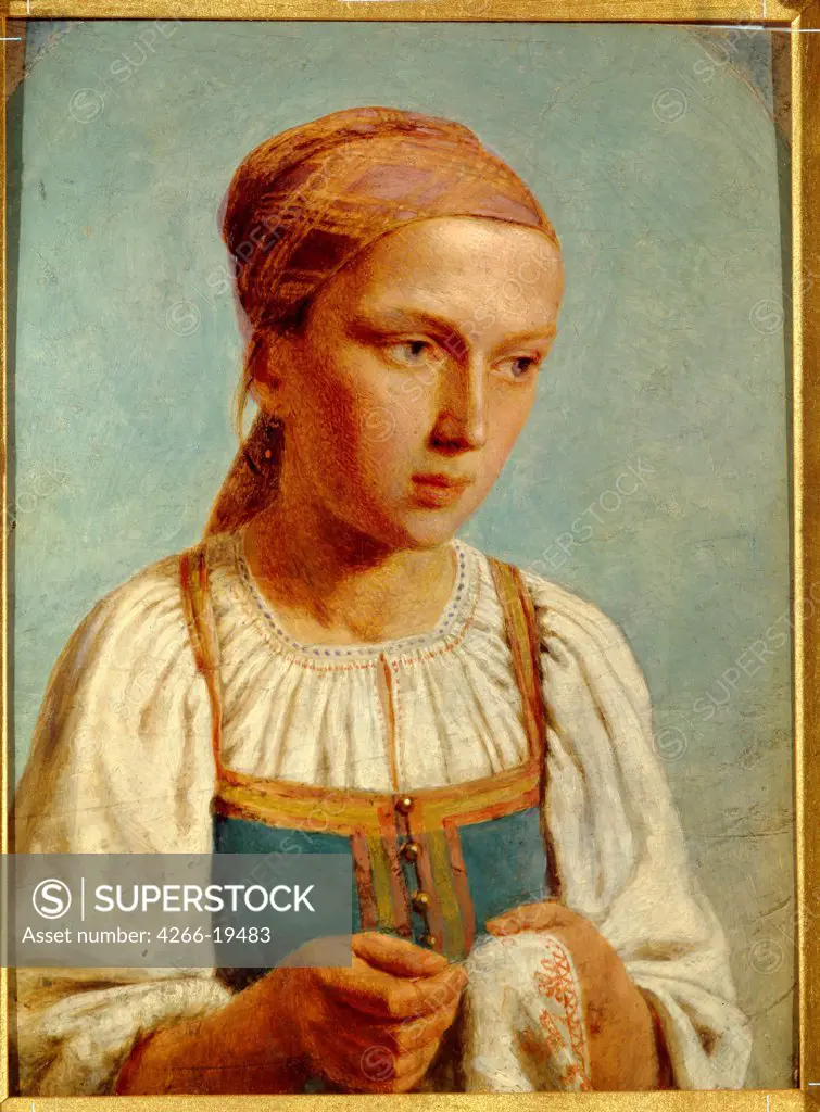 Embroidery Country Girl by Venetsianov, Alexei Gavrilovich (1780-1847)/ State Tretyakov Gallery, Moscow/ 1843/ Russia/ Oil on cardboard/ Romanticism/ 27x21,4/ Genre