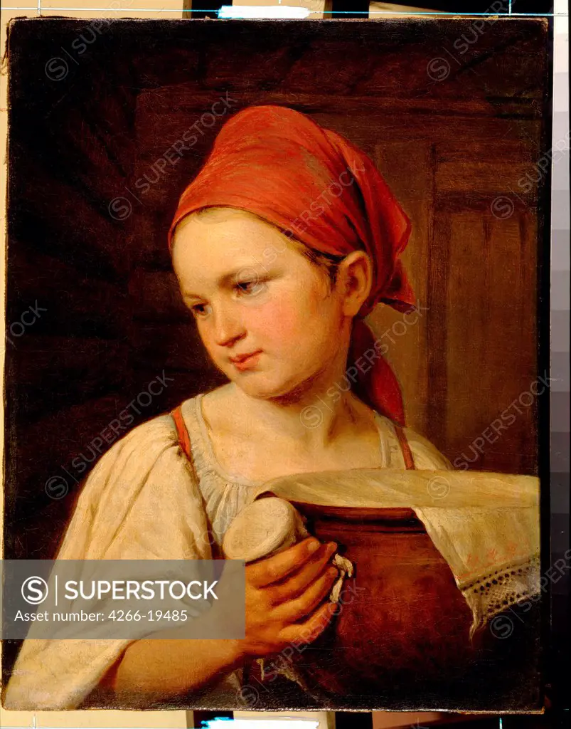 Milkgirl by Venetsianov, Alexei Gavrilovich (1780-1847)/ State Russian Museum, St. Petersburg/ 1820/ Russia/ Oil on canvas/ Romanticism/ 31,5x24,5/ Genre