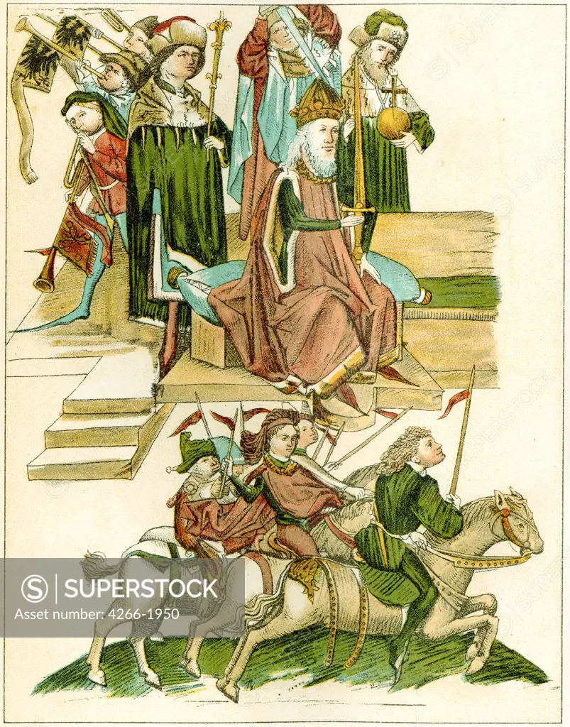 Illustration depicting kings and knights by anonymous, color lithograph, circa 1440, Private Collection