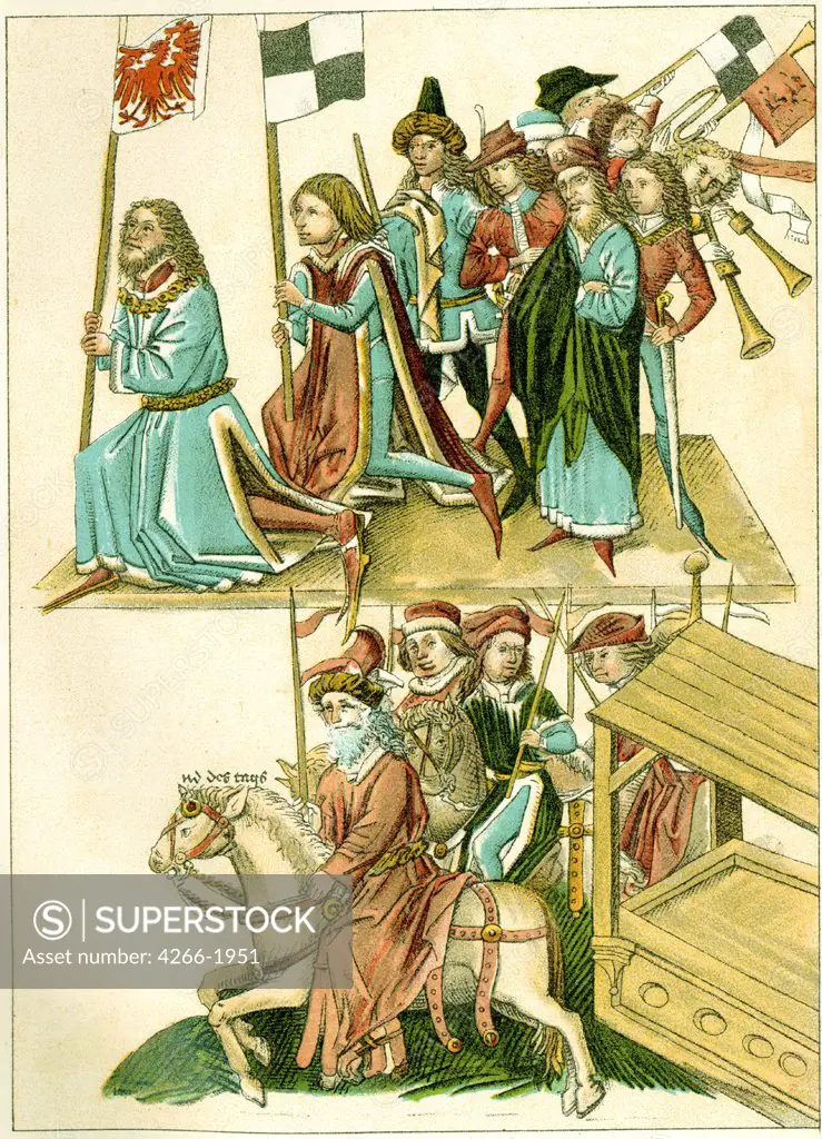 Illustration from manuscript by unknown artist, color lithograph, circa 1440, Private collection