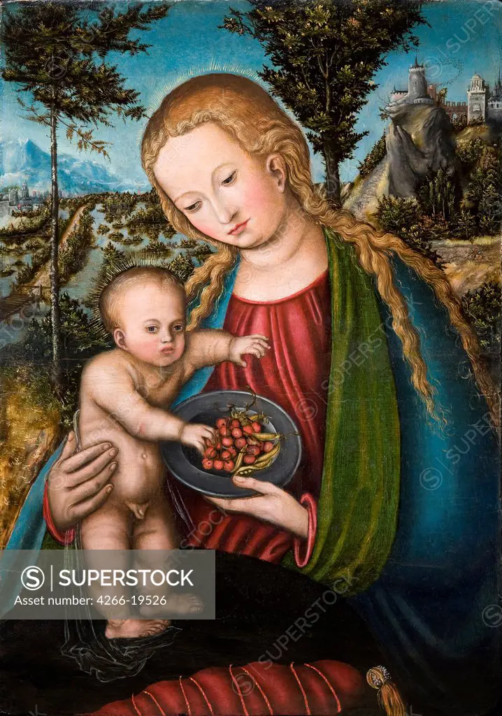 Virgin with Cherries by Cranach, Lucas, the Elder (1472-1553)/ Private Collection/ ca 1506/ Germany/ Oil on wood/ Renaissance/ 39,5x27,5/ Bible