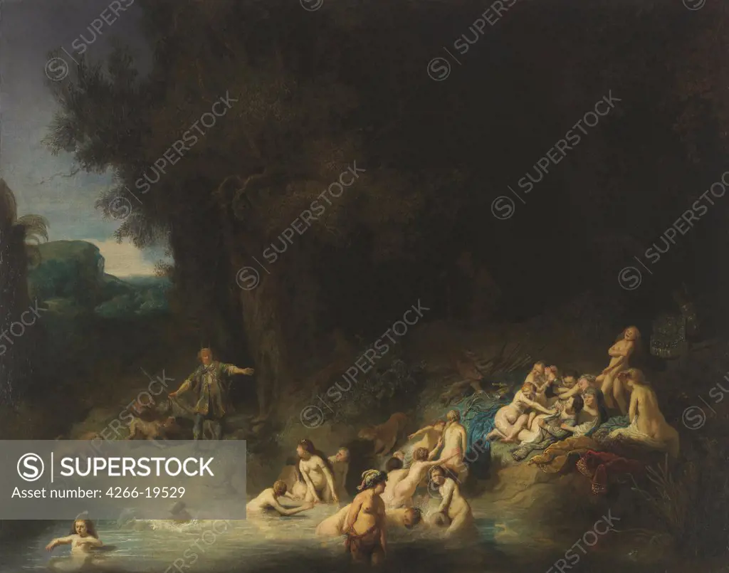 Diana with Actaeon and Callisto by Rembrandt van Rhijn (1606-1669)/ Museum Wasserburg Anholt/ 1634/ Holland/ Oil on canvas/ Baroque/ 73,5x93,5/ Mythology, Allegory and Literature