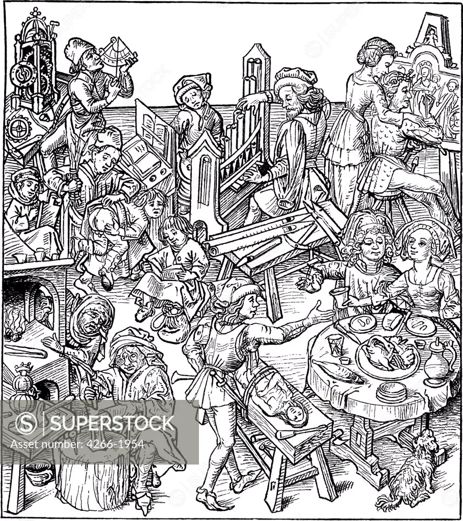 Urban scene by Master of the Housebook, Woodcut, circa 1480, between 1470 and 1505, Private Collection