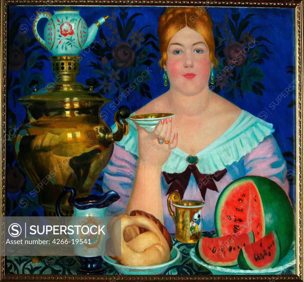 The Merchant's Wife Drinking Tea by Kustodiev, Boris Michaylovich (1878-1927)/ State Art Museum, Nizhny Novgorod/ 1923/ Russia/ Oil on canvas/ Russian Painting, End of 19th - Early 20th cen./ 81x99/ Still Life,Genre