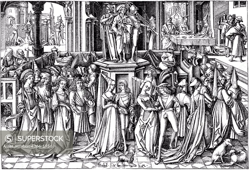 Celebration scene by Israhel van Meckenem the Younger, Copper engraving, circa 1500, circa 1440-1503, Private Collection, 21, 4x31