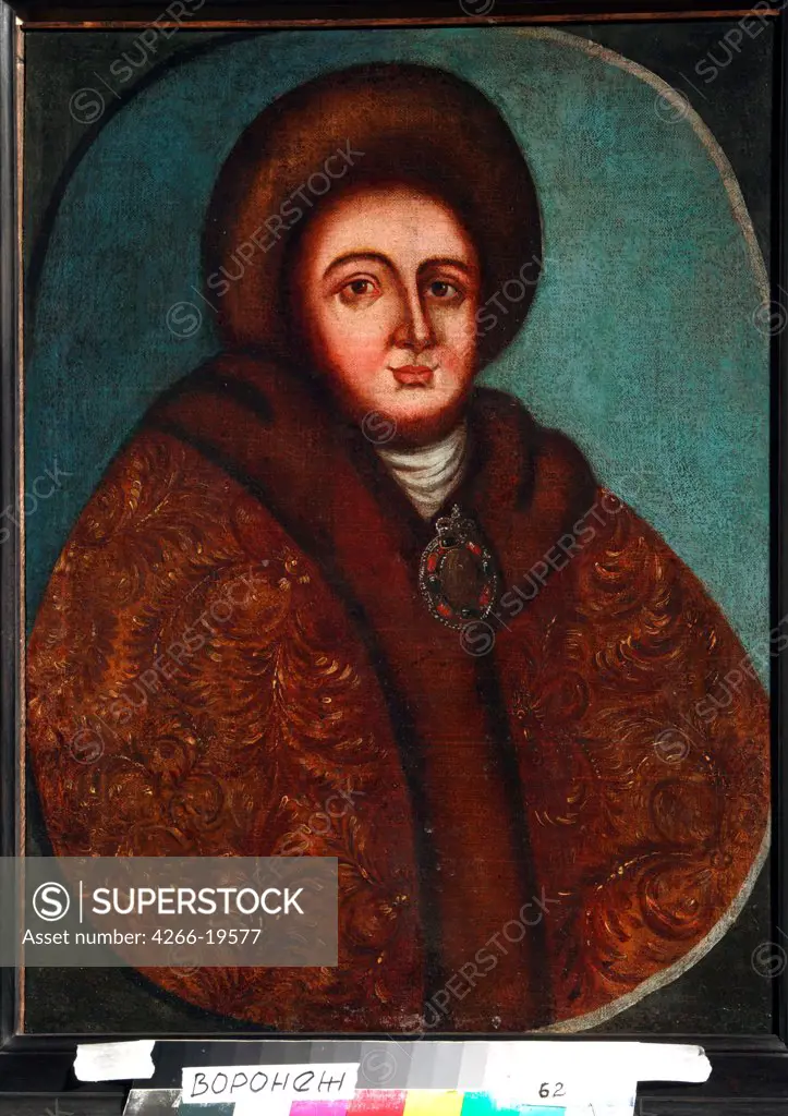Portrait of Tsarina Evdokiya Feodorovna Lopukhina (1669-1731), the wife of tsar Peter I of Russia by Anonymous, 18th century  / Regional I. Kramskoi Art Museum, Voronezh/ Russia/ Oil on wood/ Parsuna/ 70x54/ Portrait