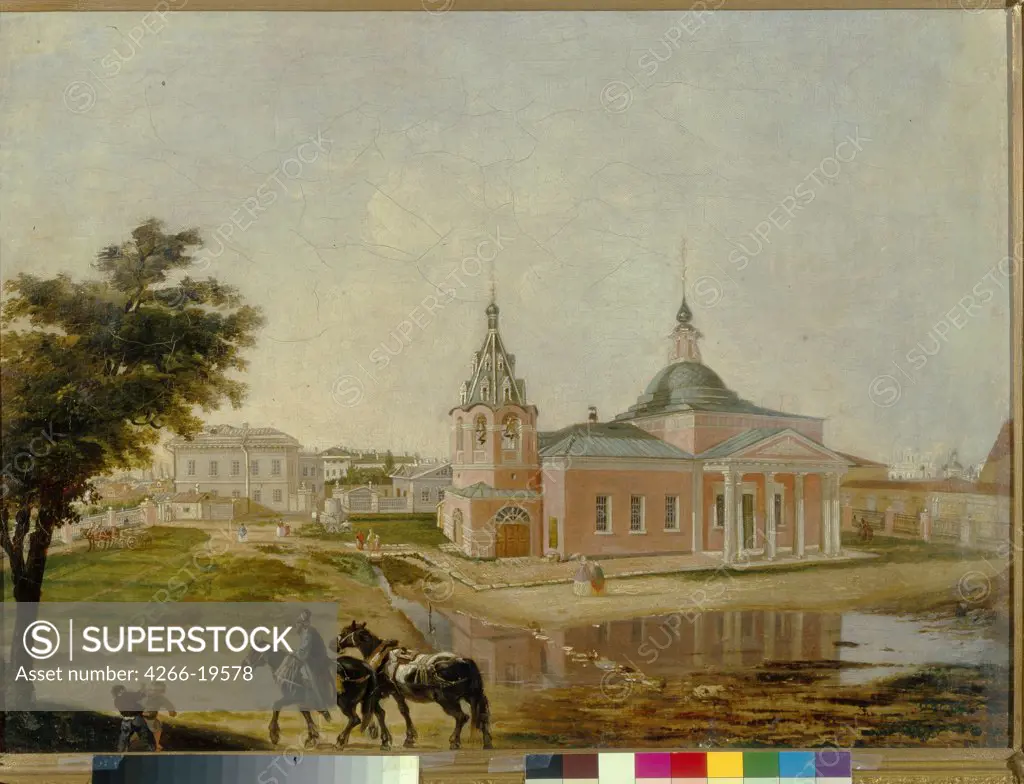 The Church of the Icon of Rzhev Holy Mother of God in Moscow by Anonymous, 18th century  / State History Museum, Moscow/ Mid of the 19th cen./ Russia/ Oil on canvas/ Neoclassicism/ 48x63/ Architecture, Interior,Landscape
