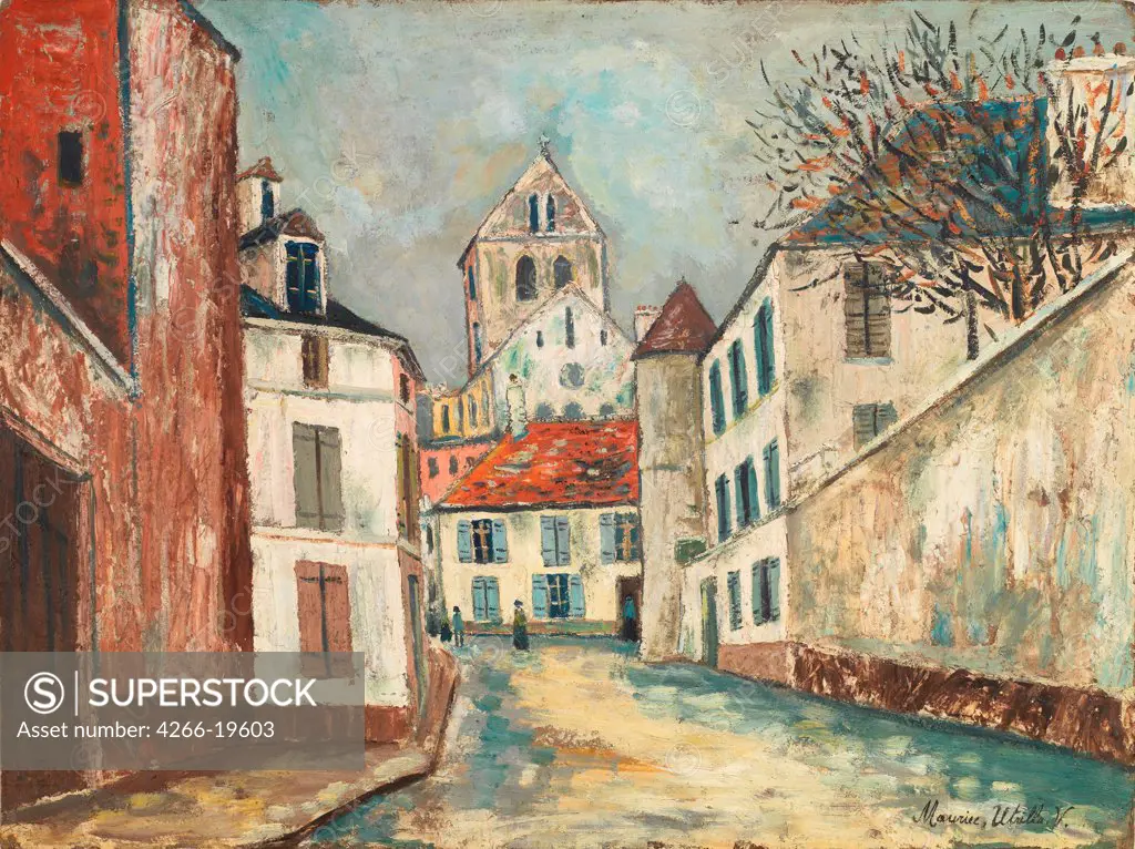 La Rue Montalant et l'eglise de Marizy-Sainte-Genevieve by Utrillo, Maurice (1883-1955)/ Private Collection/ 1911-1914/ France/ Oil on cardboard/ Postimpressionism/ Landscape