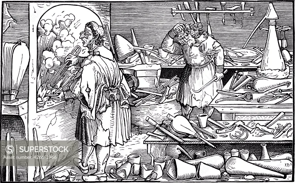 Alchemists by Hans Weiditz the Younger, Woodcut, 1532, 1500-1536, Private Collection