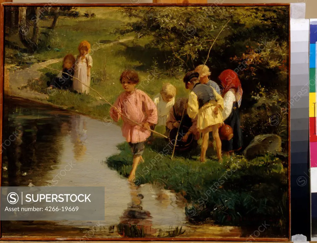 Children Fishing by Pryanishnikov, Illarion Mikhailovich (1840-1894)/ State V. Surikov Art Museum, Krasnoyarsk/ 1882/ Russia/ Oil on canvas/ Realism/ Genre