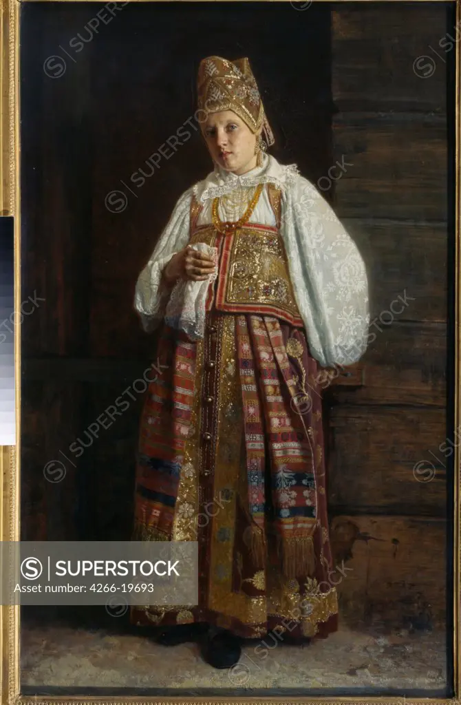 Woman from Kursk in traditional Russian clothing by Sedov, Grigori Semyonovich (1836-1884)/ State Tretyakov Gallery, Moscow/ 1871/ Russia/ Oil on canvas/ Realism/ 107x67/ Genre