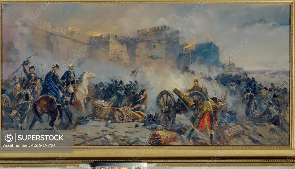 Russian army captured Izmail fortress by Usypenko, Fyodor Pavlovich (1917-)/ State Central Artillery Museum, St. Petersburg/ Russia/ Oil on canvas/ History painting/ 90x180/ History
