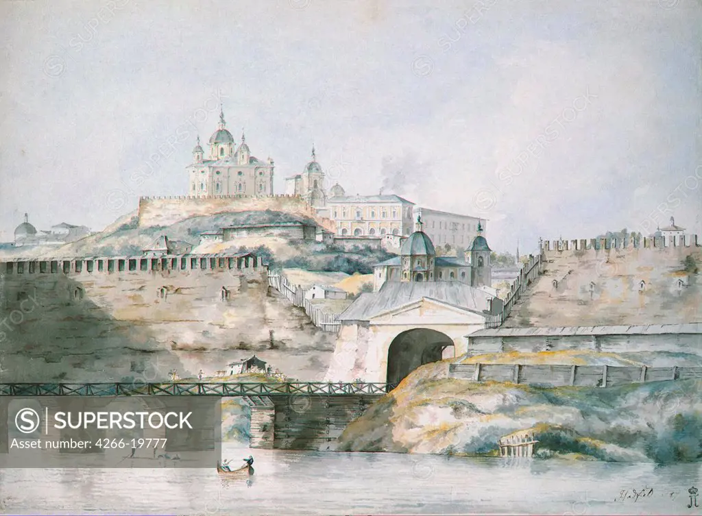 View of the City of Smolensk by Hadfield, William (active End of 18th cen.)/ State Hermitage, St. Petersburg/ 1787/ England/ Watercolour on paper/ Classicism/ 74,6x57,9/ Architecture, Interior,Landscape
