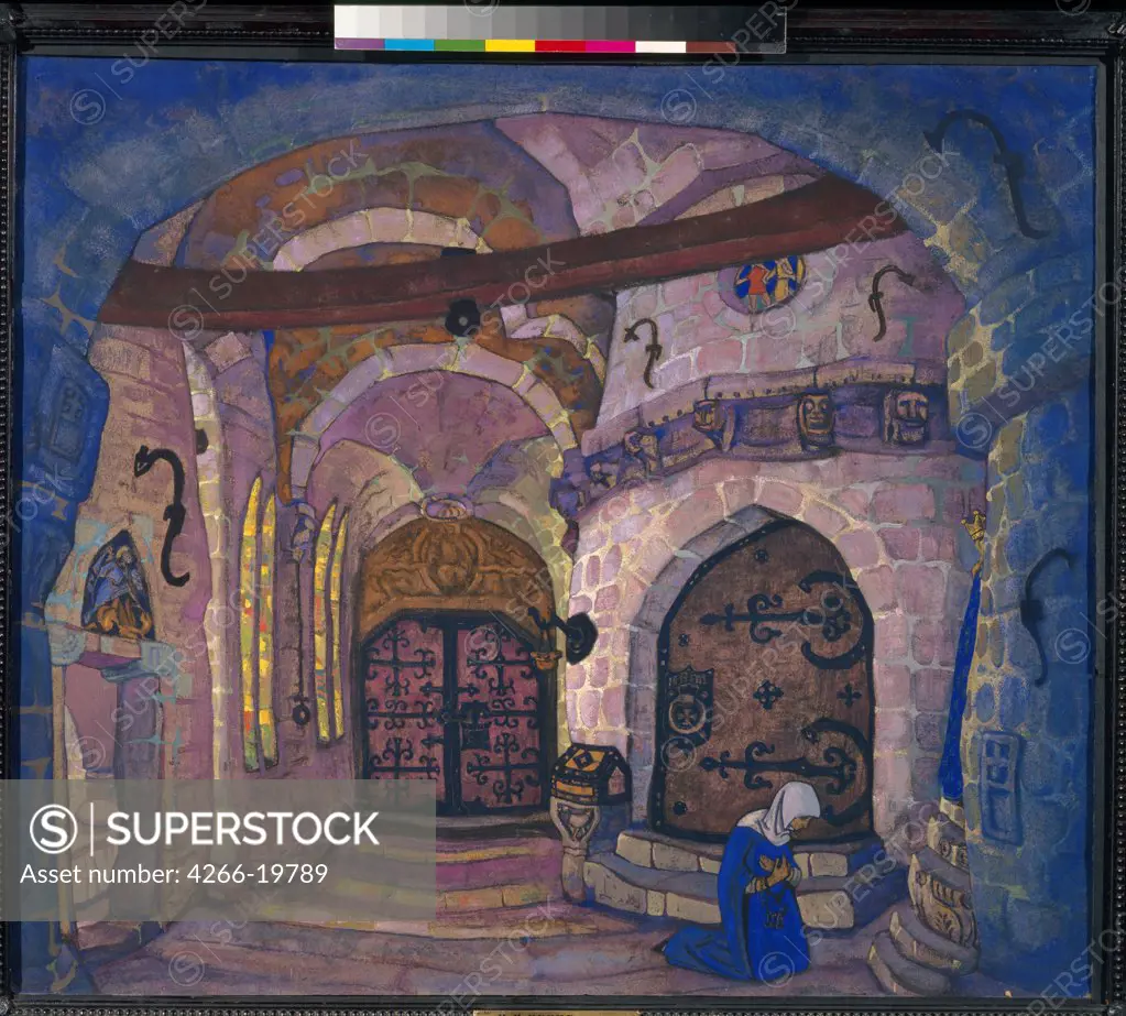 In the Monastery. Stage design for the opera Sister Beatrice by A. Davydov by Roerich, Nicholas (1874-1947)/ State Russian Museum, St. Petersburg/ 1914/ Russia/ Tempera on cardboard/ Symbolism/ 75,5x86/ Opera, Ballet, Theatre