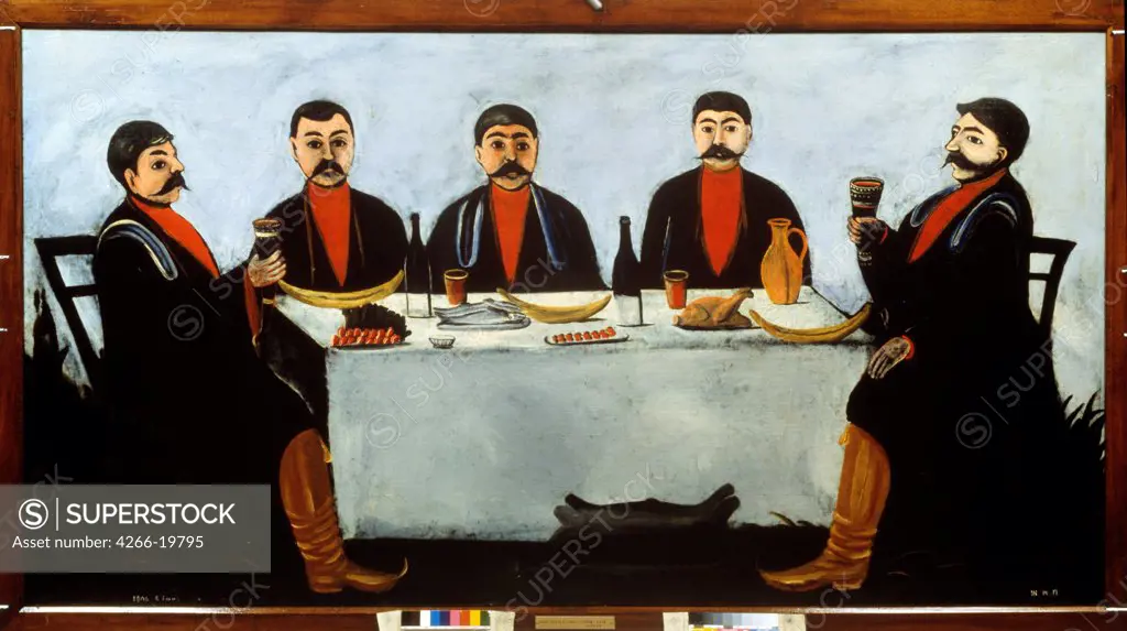 The Feast of Five Princes by Pirosmani, Niko (1862-1918)/ State Georgian Art Museum, Tiflis (Tbilisi)/ 1906/ Georgia/ Oil on oilcloth/ Primitivism/ Genre