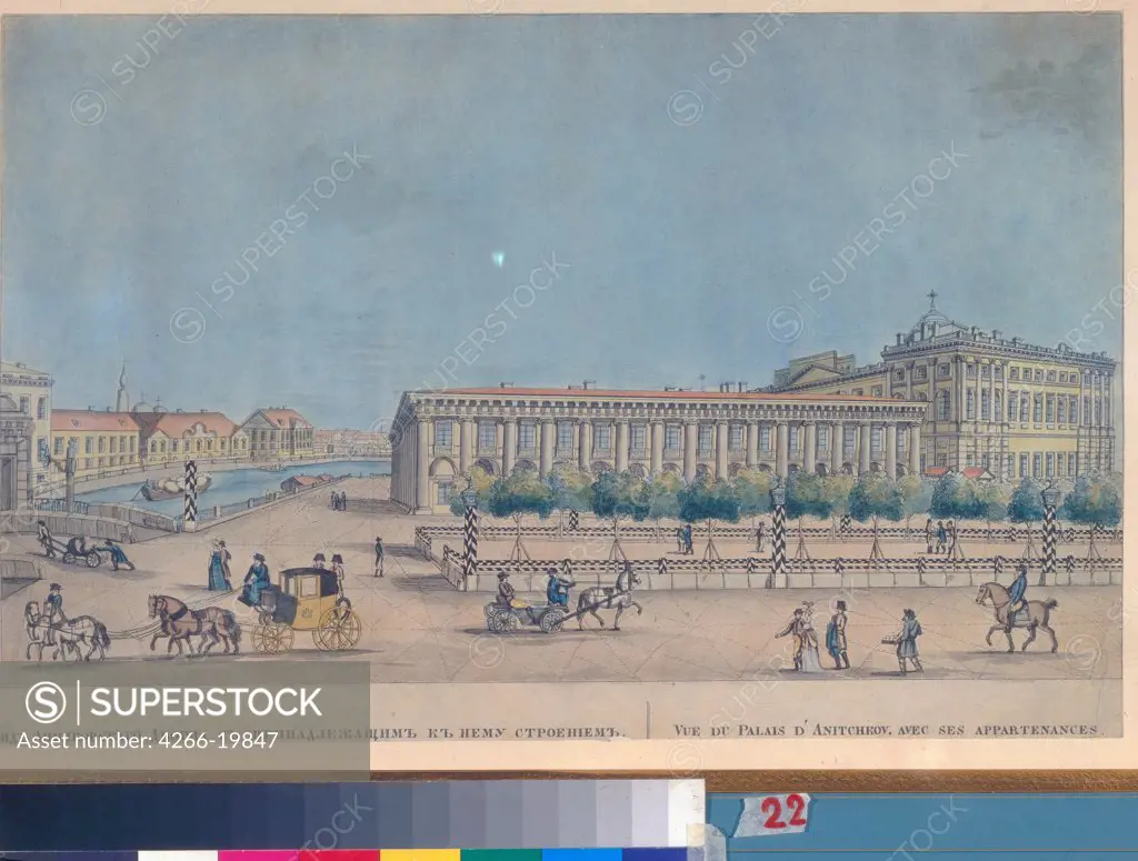 The Anichkov Palace in Saint Petersburg by Ivanov, Ivan Alexeyevich (1779-1848)/ State Museum of A.S. Pushkin, Moscow/ 1814/ Russia/ Copper engraving, watercolour/ Classicism/ Architecture, Interior,Landscape