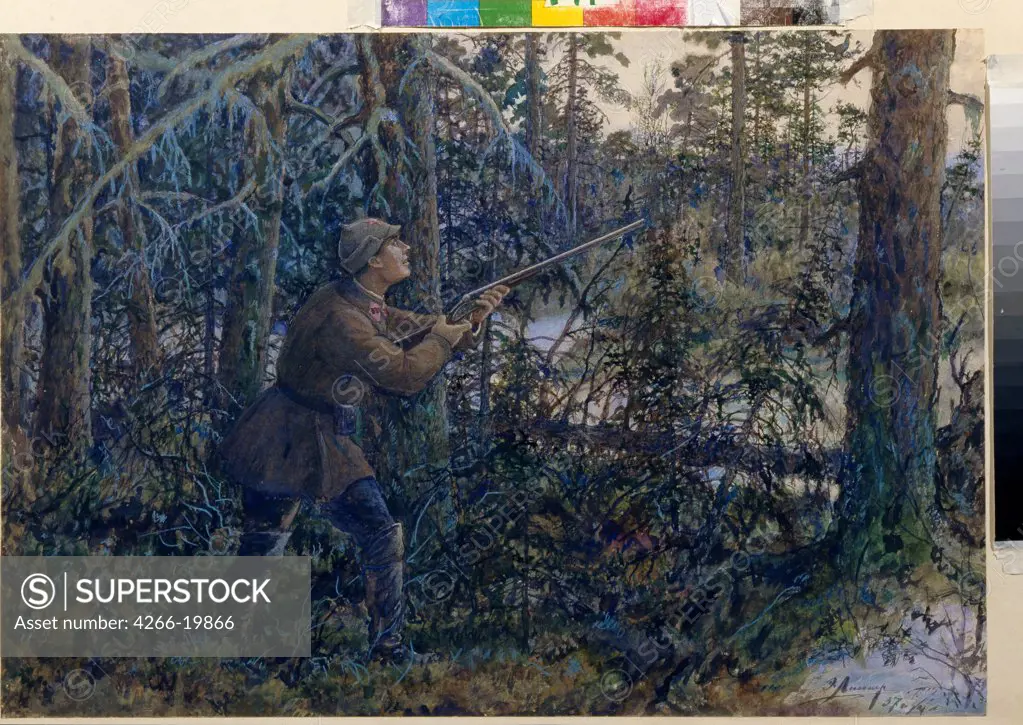 Capercaillie Hunting by Lissner, Ernest Ernestovich (1874-1941)/ State Central Military Museum, Moscow/ 1937/ Russia/ Watercolour on paper/ Soviet Art/ Genre