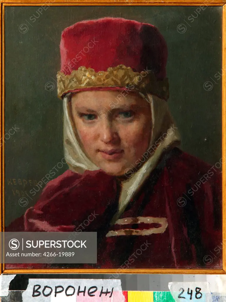 Boyar's Wife by Nevrev, Nikolai Vasilyevich (1830-1904)/ Regional I. Kramskoi Art Museum, Voronezh/ 1901/ Russia/ Oil on canvas/ Realism/ 24,5x20,3/ Portrait,History