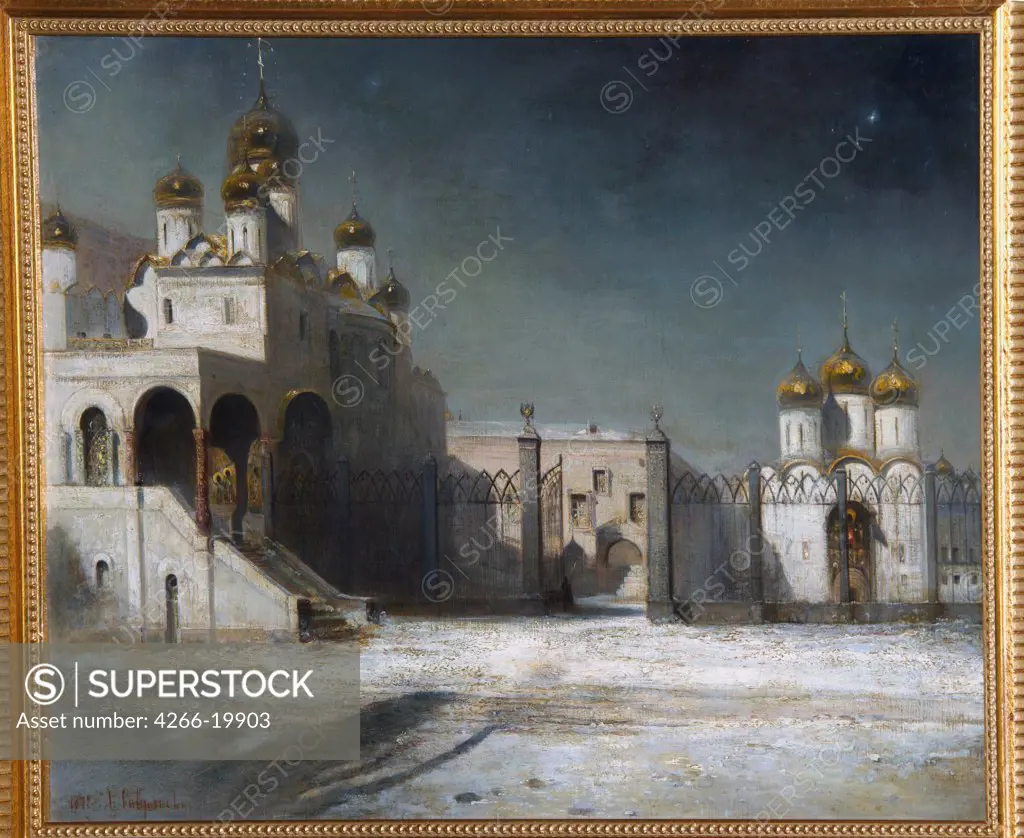 The Cathedral Square in the Moscow Kremlin at Night by Savrasov, Alexei Kondratyevich (1830-1897)/ Private Collection/ 1878/ Russia/ Oil on canvas/ Realism/ 53,5x76/ Architecture, Interior,Landscape