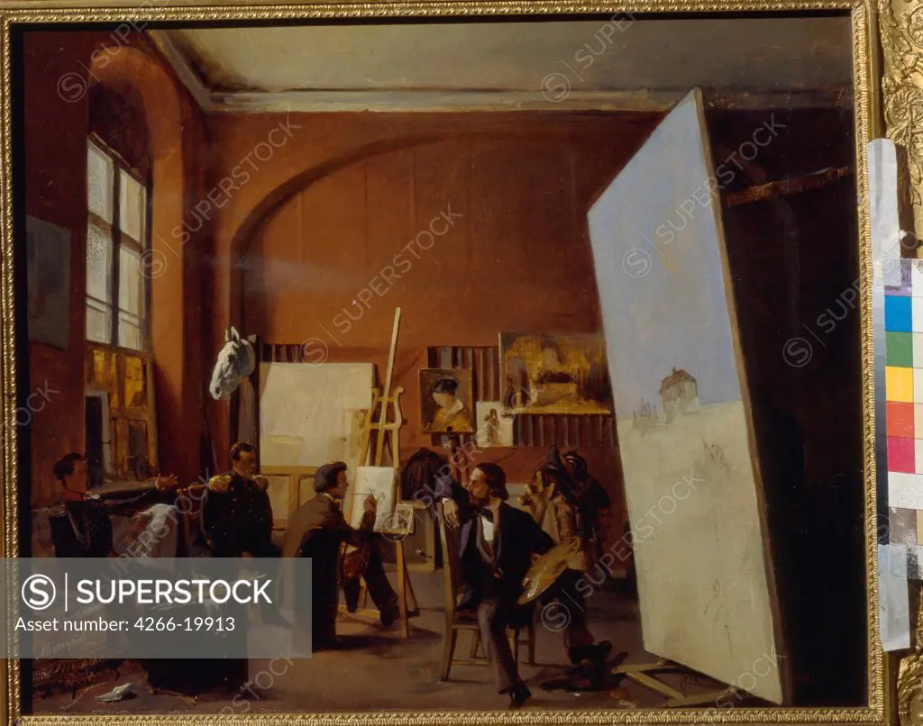 Studio of the painter Count Vasily Maksutov by Sorokin, Yevgraf Semyonovich (1821-1892)/ State Tretyakov Gallery, Moscow/ 1858/ Russia/ Oil on canvas/ Neoclassicism/ 46x55/ Architecture, Interior,Genre