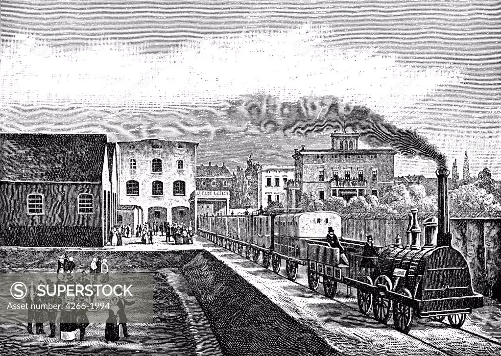 Locomotive leaving train station by unknown painter, copper engraving, 1838, Private Collection