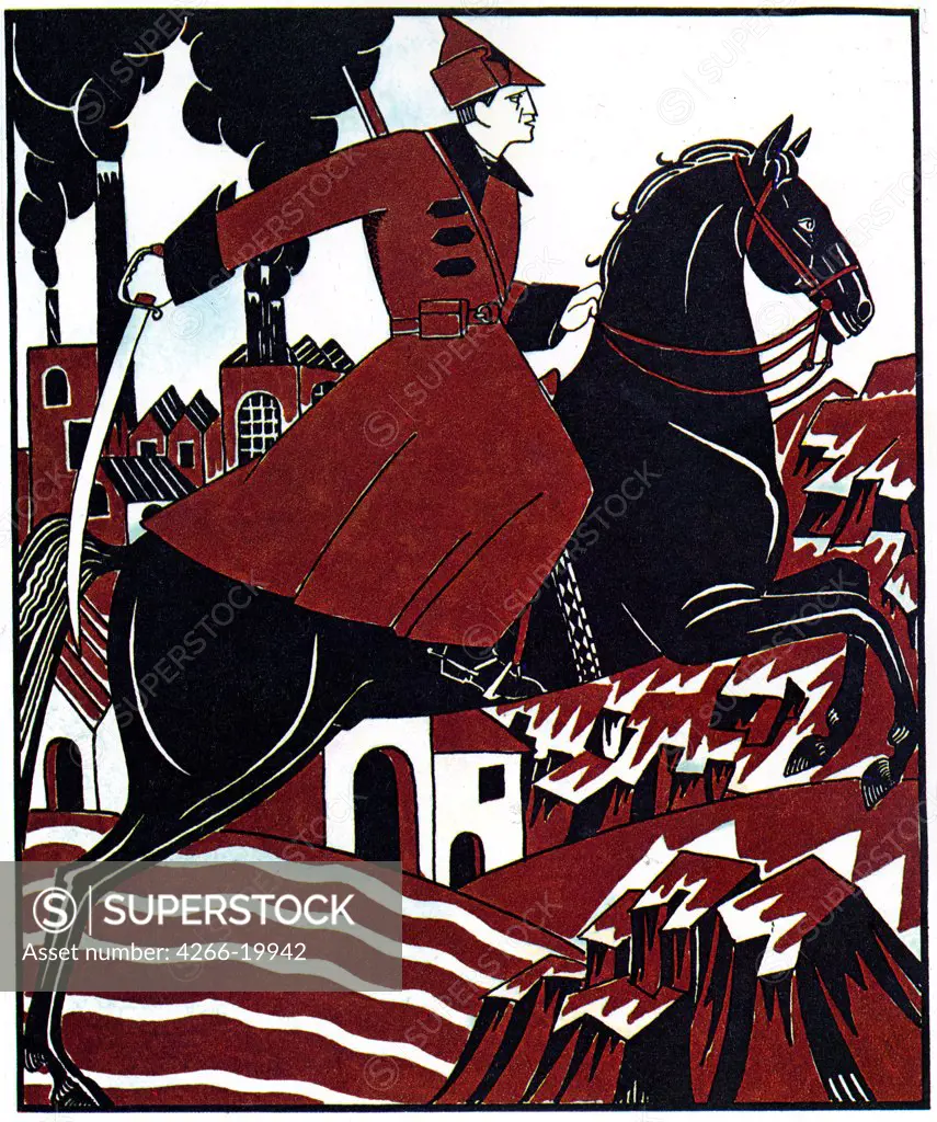 Budyonovets (cavalryman in Budyonny's army) by Kogout, Nikolay Nikolayevich (1891-1959)/ Russian State Library, Moscow/ 1921/ Russia/ Colour lithograph/ Soviet political agitation art/ 18x14,7/ History,Poster and Graphic design