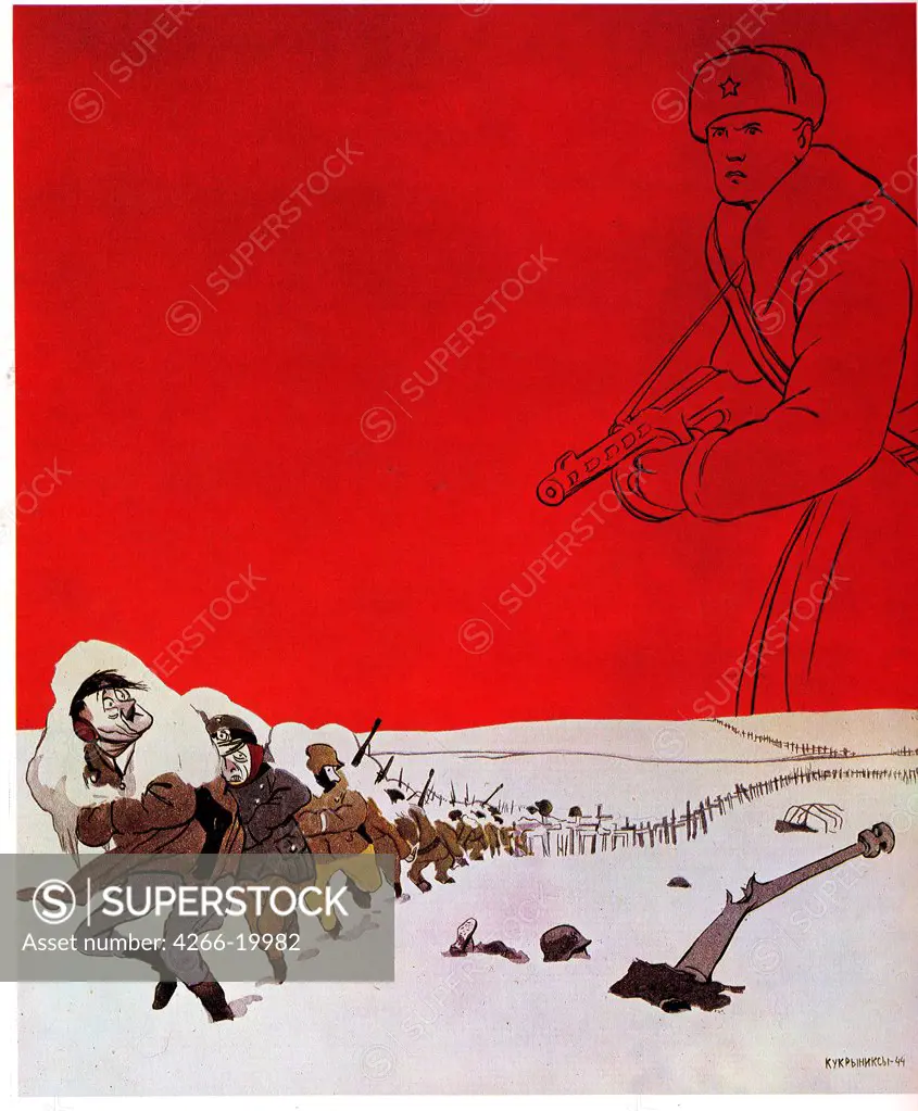 On the way back by Kukryniksy (Art Group) (20th century)/ Russian State Library, Moscow/ 1944/ Russia/ Colour lithograph/ Soviet political agitation art/ History,Poster and Graphic design