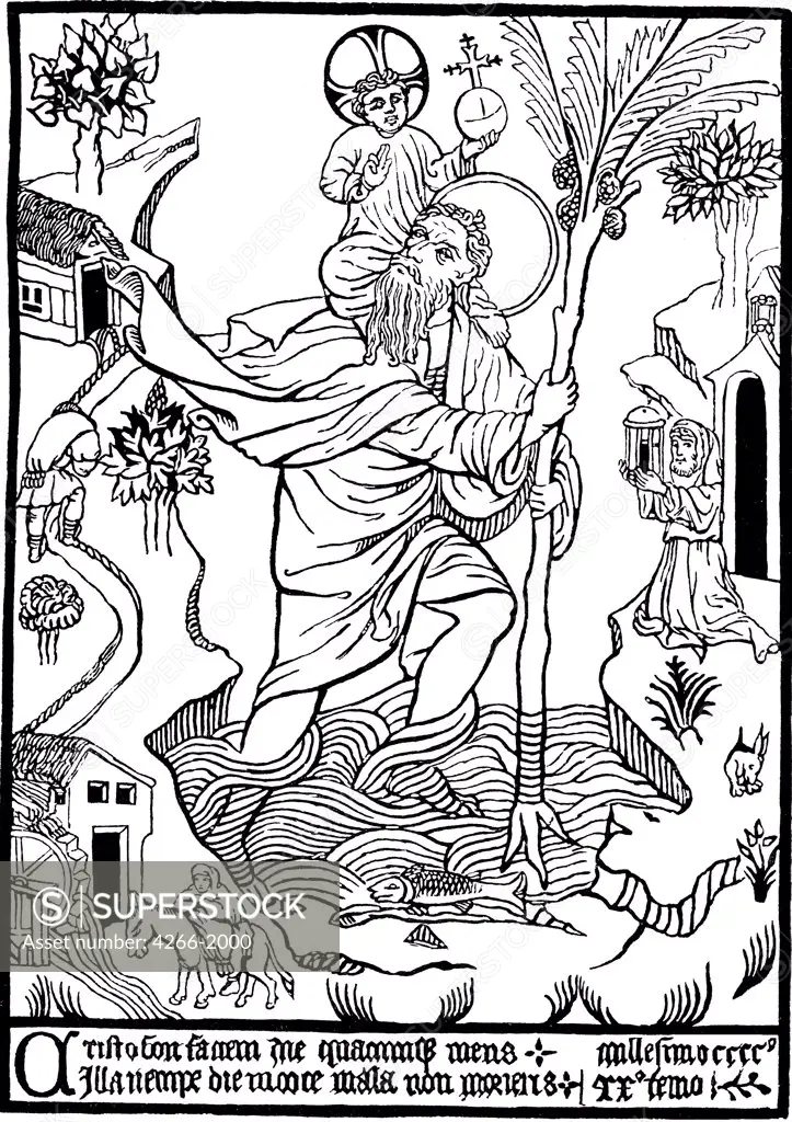 St Christopher carrying Jesus Christ by unknown painter, woodcut, 1423, Private Collection