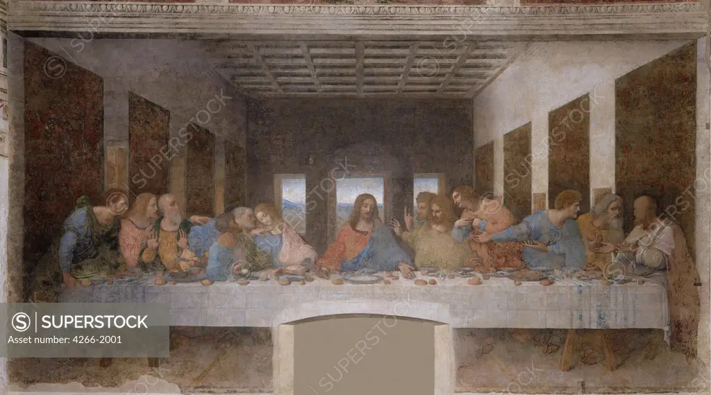 Last Supper by Leonardo da Vinci, mural painting, 1452-1519, 15th century, Italy, Milan, Santa Maria delle Grazie, 460x880