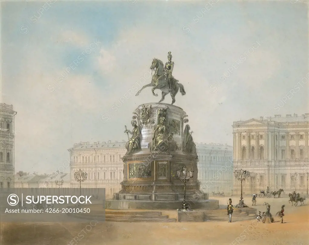 The equestrian monument of Nicholas I of Russia on St Isaac's Square in Saint Petersburg by Charlemagne, Iosif Iosifovich (1824-1870) / Private Collection / 1857 / Russia / Watercolour on paper / Architecture, Interior,Landscape / 31x40,7 / Academic art