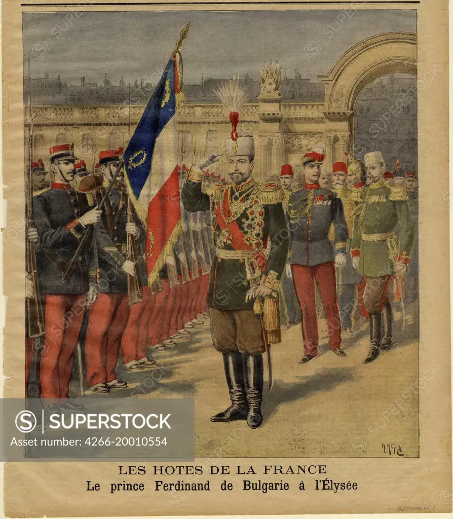 Ferdinand I of Bulgaria at the Elysee Palace by Meyer, Henri (1844-1899) / Private Collection / 1896 / France / Colour lithograph / History / 41,2x30,4 / Book design