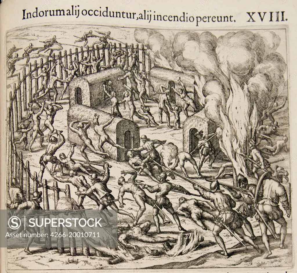 Some Indians are killed, some perish in a fire. (From: Americae pars qvarta) by Bry, Theodor de (1528-1598) / Private Collection / 1594 / Flanders / Copper engraving / History /Baroque