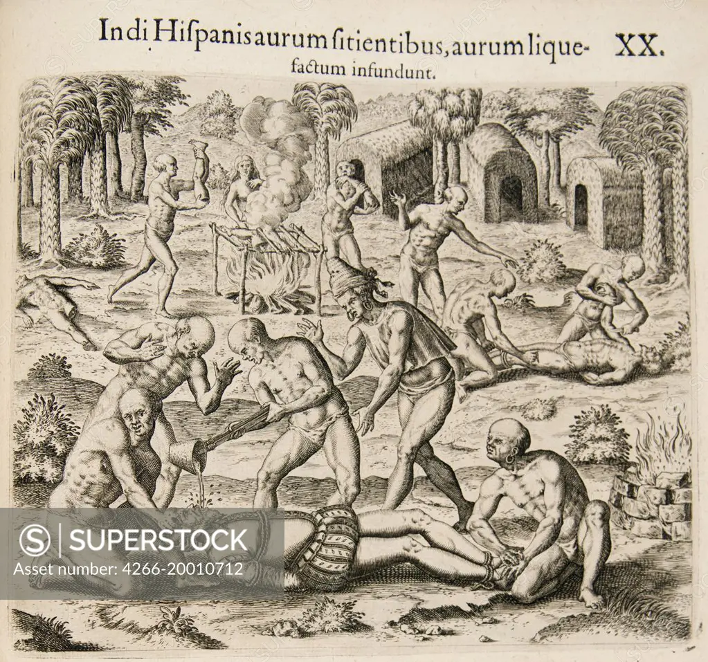 Because the Spanish thirst for gold, the Indians pour liquid gold into them. (From: Americae pars qvarta) by Bry, Theodor de (1528-1598) / Private Collection / 1594 / Flanders / Copper engraving / History /Baroque