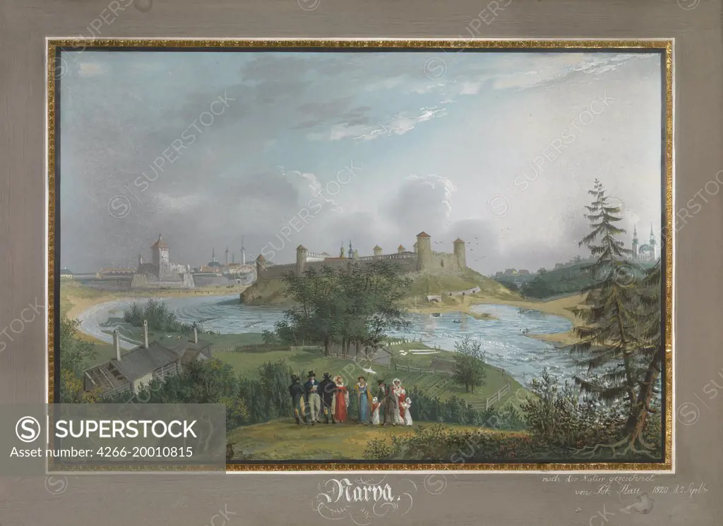 View of the Ivangorod Fortress by Hau, Johannes (1771-1838) / Private Collection / 1820 / Estland / Watercolour, Gouache on cardboard / Landscape / 27x40 / Classicism