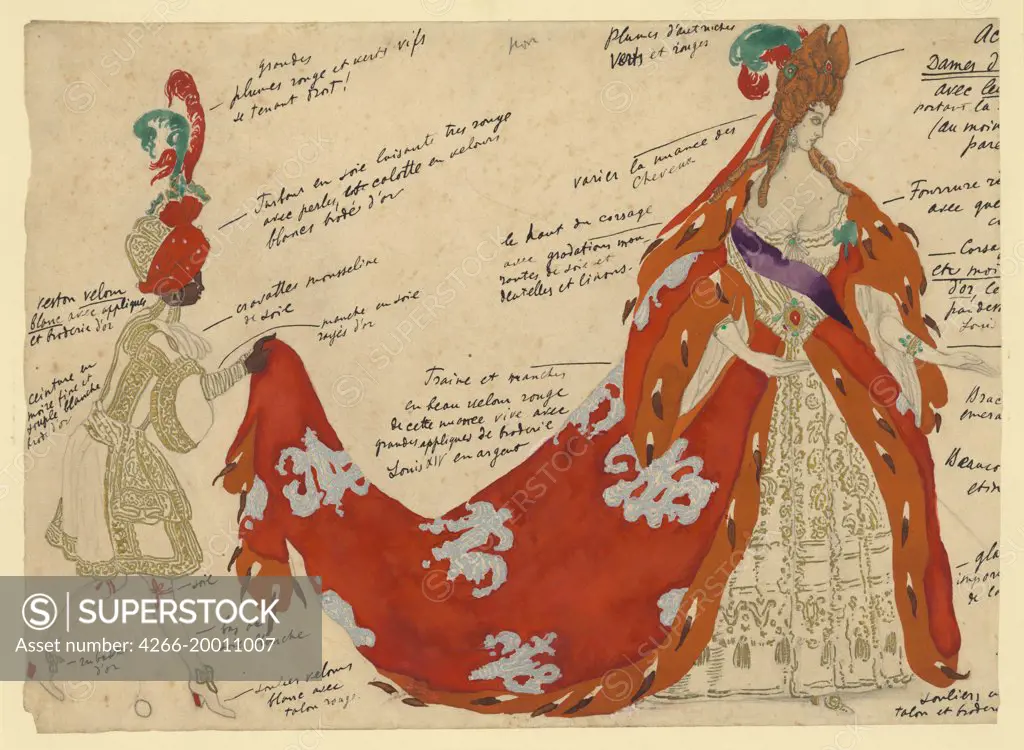 Costume design for the ballet Sleeping Beauty by P. Tchaikovsky by Bakst, Leon (1866-1924) / Private Collection / 1921 / Russia / Pencil, watercolour, Gouache, ink on paper / Opera, Ballet, Theatre /Theatrical scenic painting