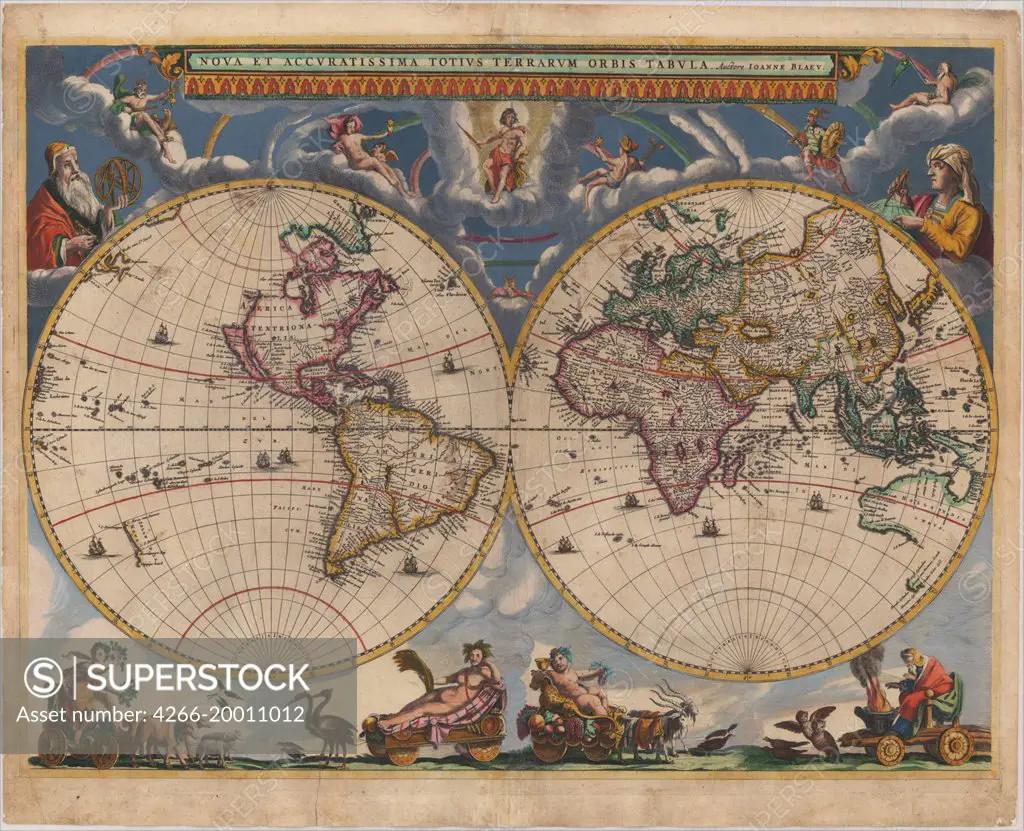 Double hemisphere map of the World by Blaeu, Joan (1596-1673) / Private Collection / 1662-1664 / The Netherlands / Etching, watercolour / History / 41x54,2 / Cartography
