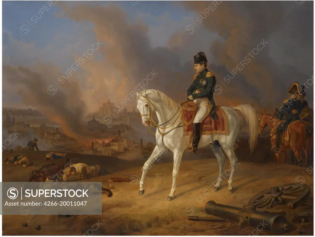 Napoleon Bonaparte before the burning City of Smolensk by Adam, Albrecht (1786-1862) / Private Collection / 1837 / Germany / Oil on canvas / History / 59x78 / History painting