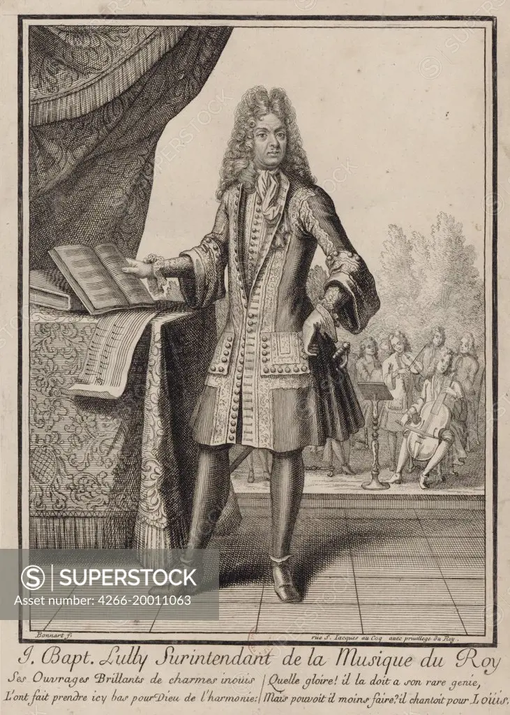 Jean-Baptiste Lully by Bonnart, Henri (1642-1711) / Private Collection / ca 1711 / France / Etching / Portrait /Rococo