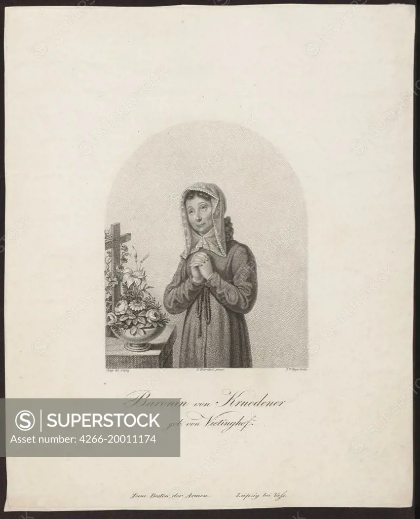 Portrait of Barbara Juliane von Krudener (1764-1824) by Meyer, Friedrich Wilhelm, the Elder   / Private Collection / before 1842 / Germany / Copper engraving / Portrait / 14x11,3 / Romanticism