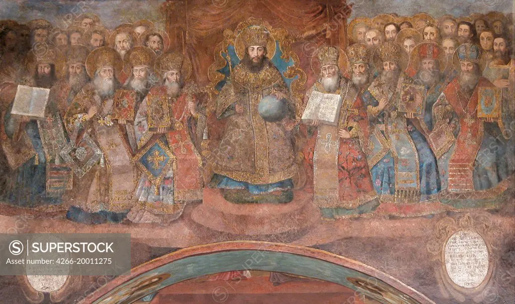 First Council of Nicaea by Ancient Russian frescos   / Saint Sophia Cathedral, Kiev / um 1700 / Russia / Fresco / Bible /Old Russian Art