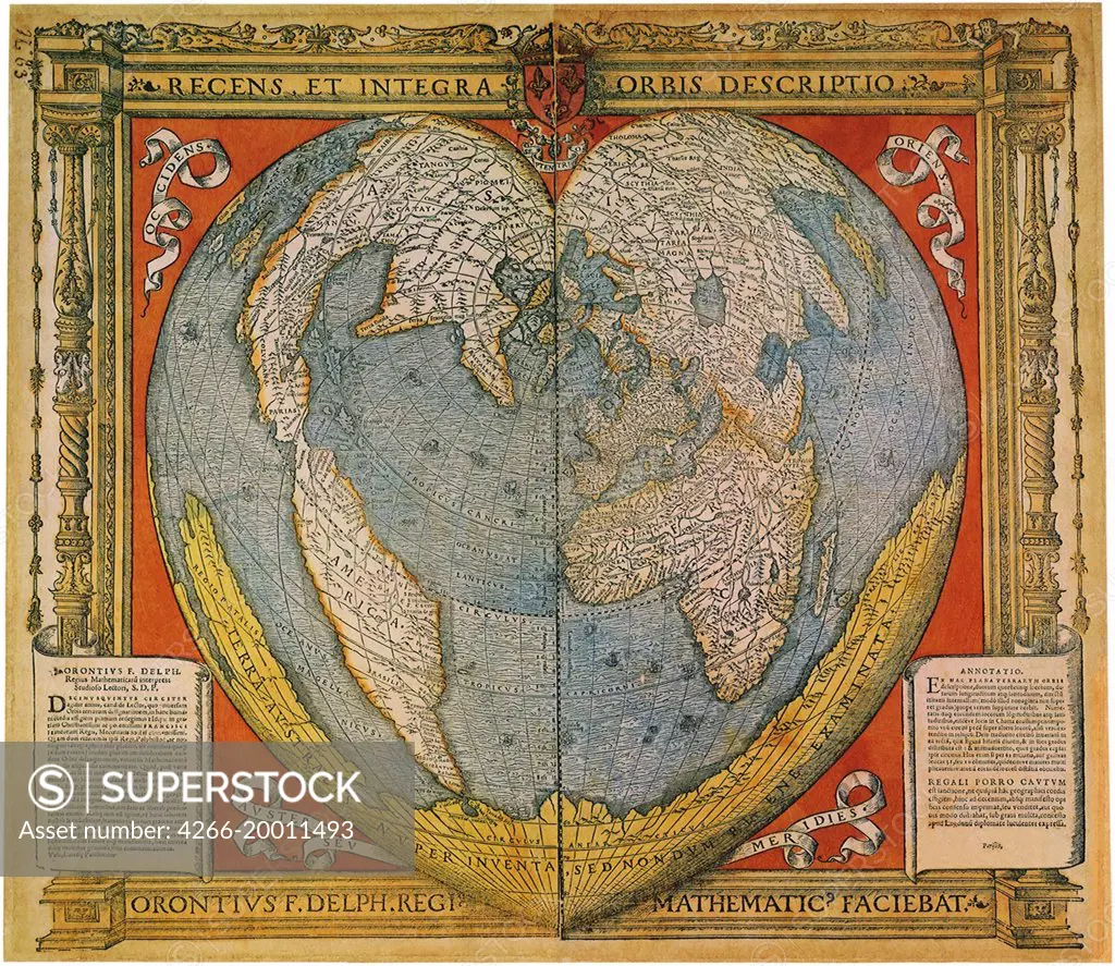 Heart Shaped World Map by Fine, Oronce (1494-1555) / Bibliotheque Nationale de France / 1536 / France / Woodcut, watercolour / History / 51x57 / Cartography