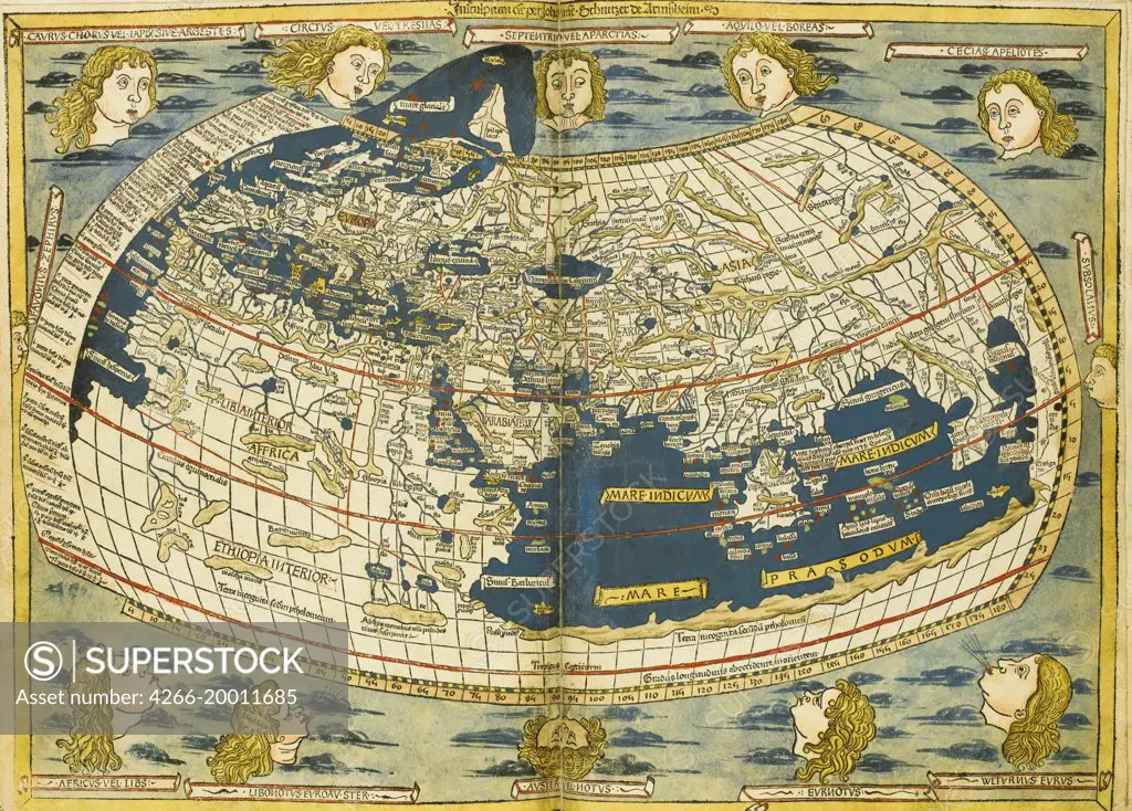 Ptolemy World map by Germanus, Donnus Nicolaus (ca. 1420-ca. 1490) / Private Collection / 1482 / Germany / Woodcut, watercolour / History / 29,2x41 / Cartography