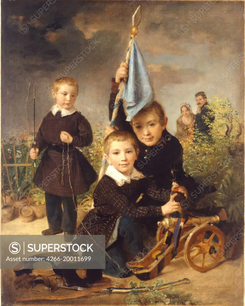 Children's soldier games by Reiter, Johann Baptist (1813-1890) / Museum Georg Schafer, Schweinfurt / 1848 / Germany / Oil on canvas / Genre / 69,5x55,5 / Biedermeier