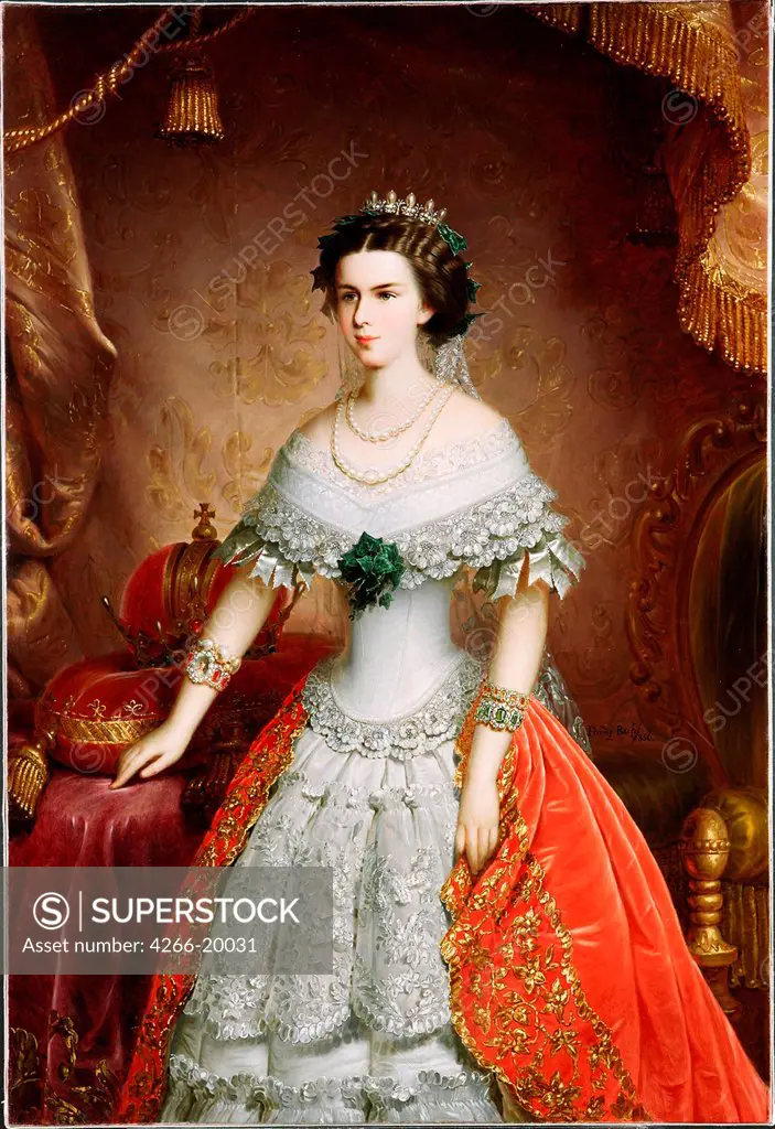 Portrait of Elisabeth of Bavaria by Russ, Franz, the Elder (1817-1892)/ Private Collection/ 1856/ Austria/ Oil on canvas/ Academic art/ 159x109/ Portrait