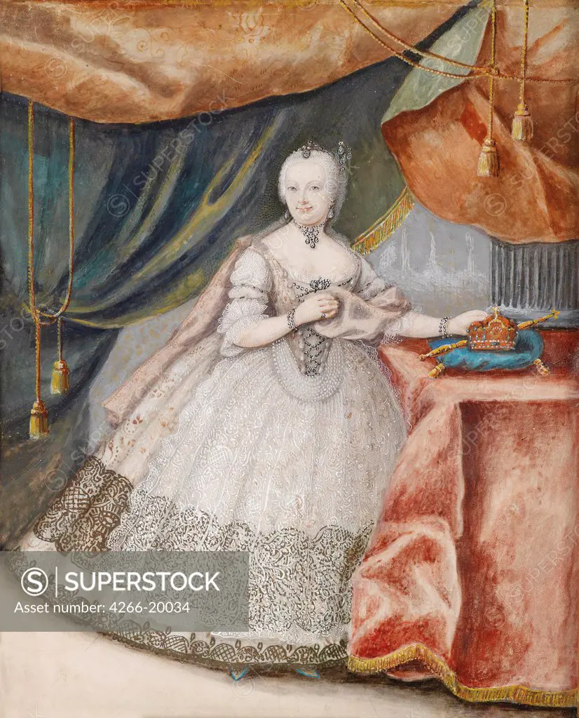 Portrait of Empress Maria Theresia of Austria (1717-1780) in Lace Long Gown by Anonymous  / Private Collection/ c. 1740/ Austria/ Watercolour on parchment/ Rococo/ 21x16,5/ Portrait