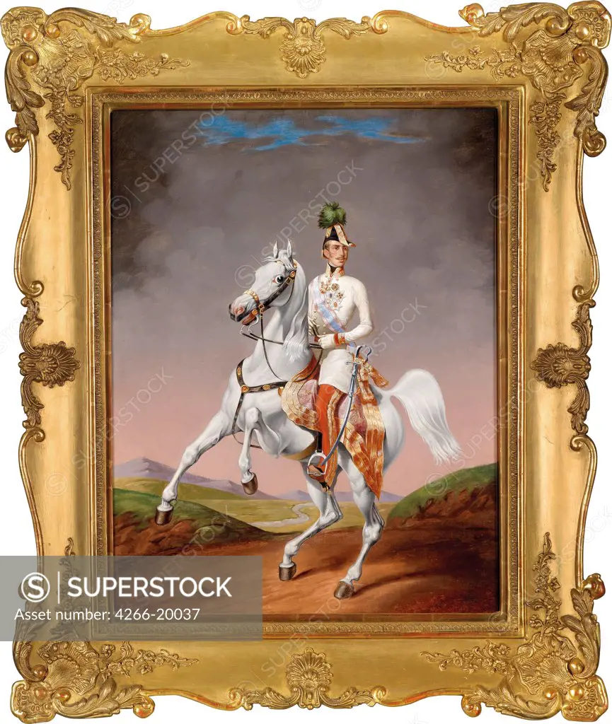 Portrait of Franz Joseph I of Austria on horseback by Konig, Lilly (1799-)/ Private Collection/ 1855/ Austria/ Oil on canvas/ Academic art/ 56,5x43/ Portrait
