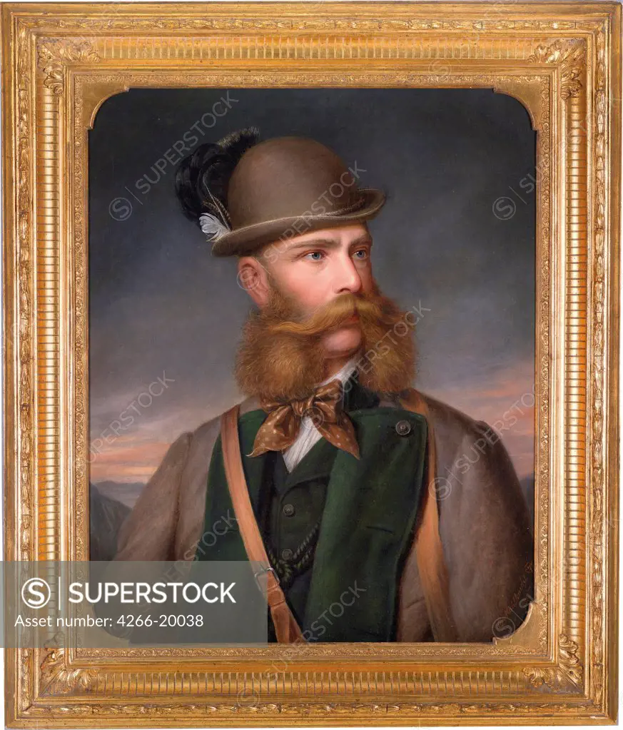 Portrait of Franz Joseph I of Austria in Hunting Dress by Mahlknecht, Edmund (1820-1903)/ Private Collection/ 1877/ Austria/ Oil on canvas/ Biedermeier/ 67x54/ Portrait