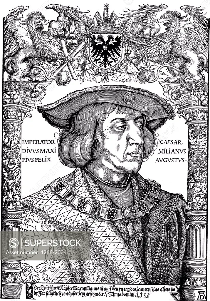 Portrait of Maximilian I by Albrecht Durer, woodcut, 1519, 1471-1528, Private Collection, 58x41
