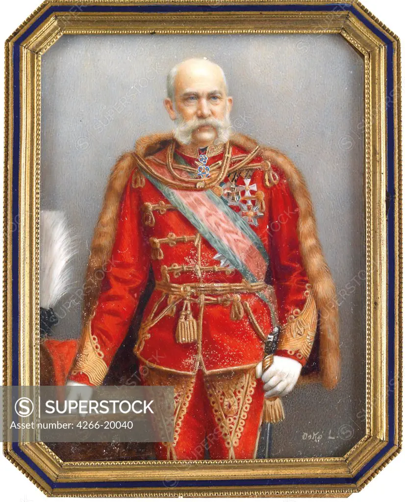 Portrait of Franz Joseph I of Austria in Hungarian Uniform by Osko, Lajos (1865-1922)/ Private Collection/ Hungary/ Watercolour, Gouache on horn/ Academic art/ 10x7,5/ Portrait